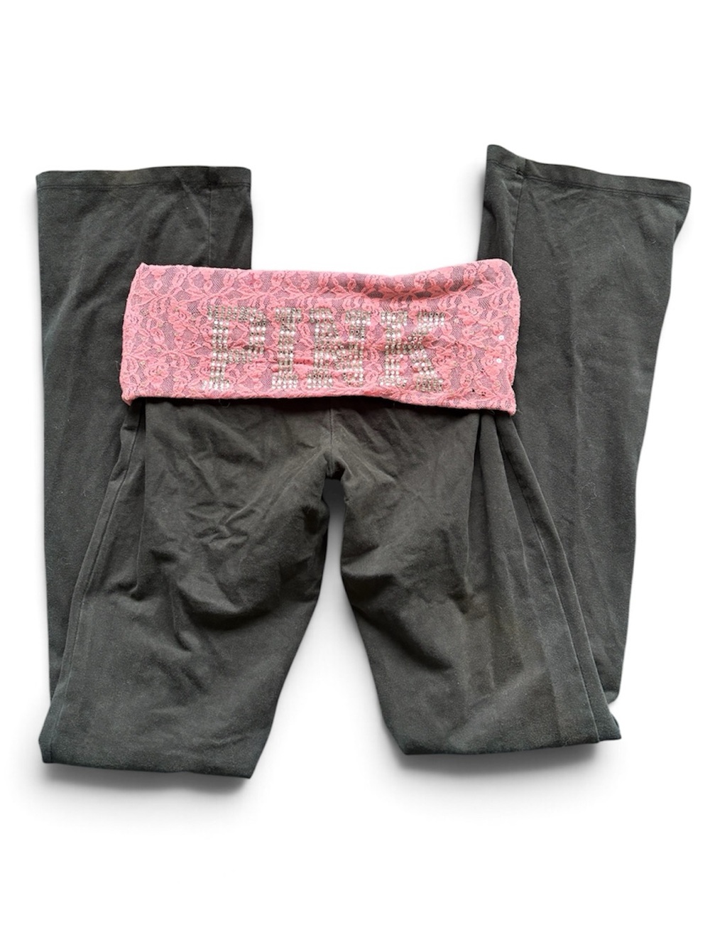 PINK XS Rhinestone Fold-Over Waistband in Pink Flared Leggings